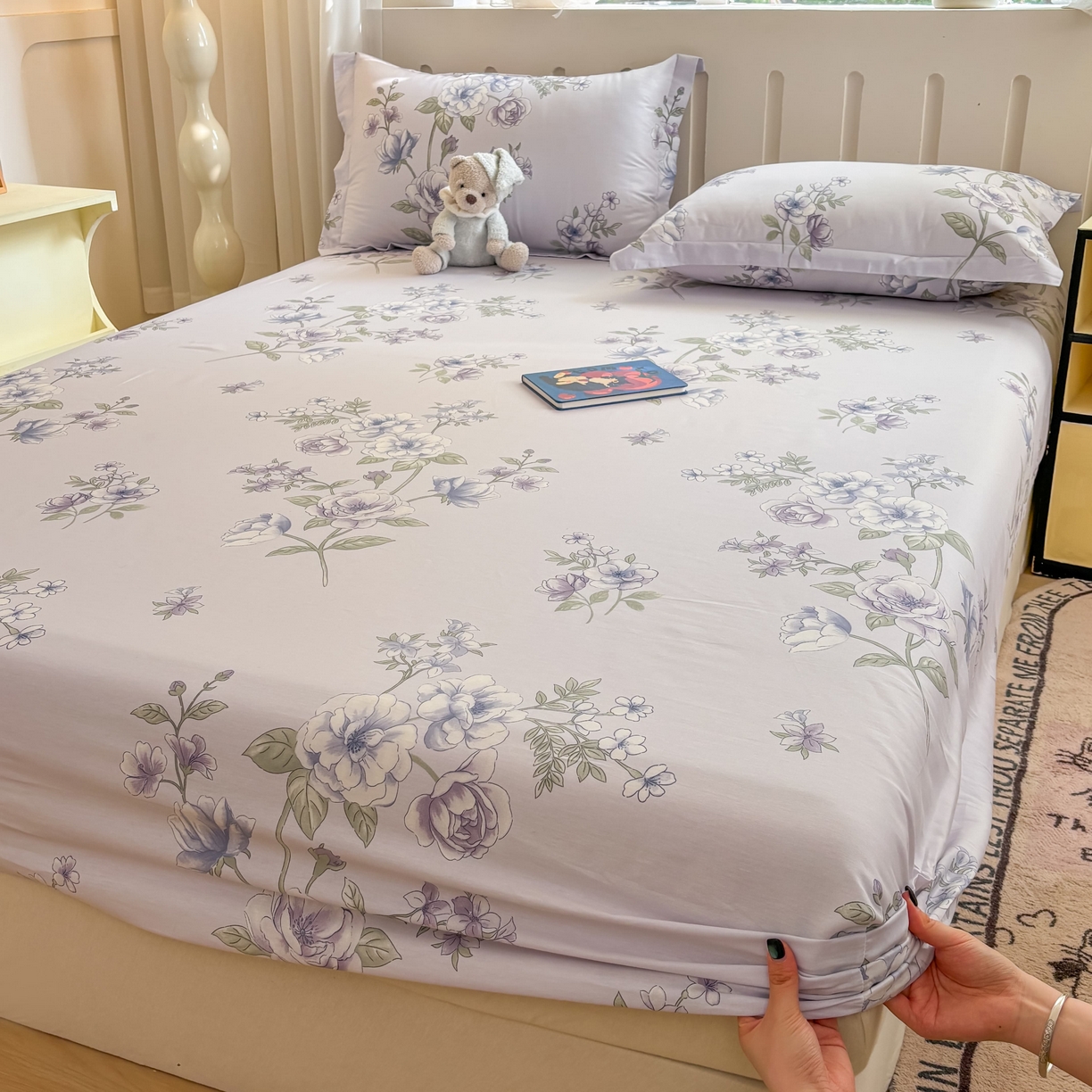 91家纺网 家纺一手货源 找家纺 大吉 2025新款全棉印花床笠 紫韵