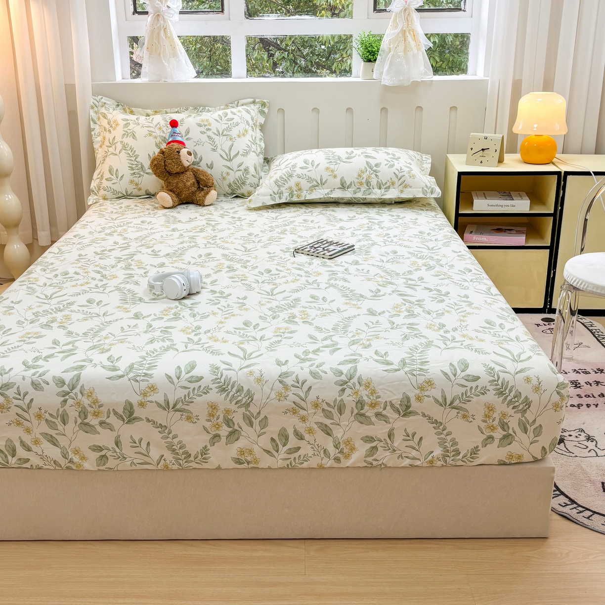 91家纺网 家纺一手货源 找家纺 大吉 2025新款全棉印花床笠 花间