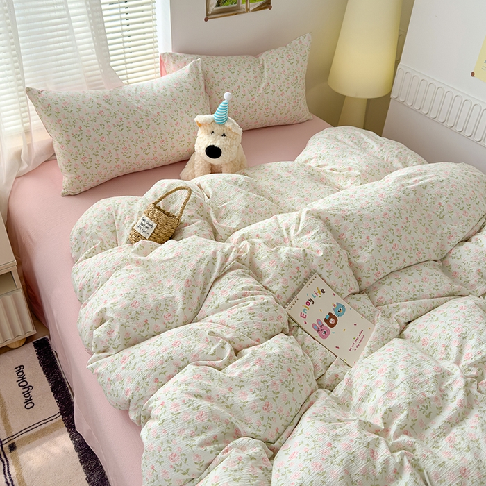 91家纺网 家纺一手货源 找家纺 竹合家纺 2025新品云感皱皱四件套跑量款小清新四件套 粉红佳人