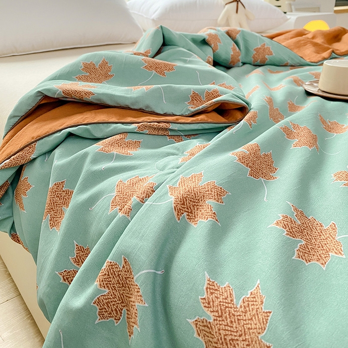 91家纺网 家纺一手货源 找家纺 畅畅家纺 2025新款A类水洗棉麻双层纱夏被四件套 枫叶