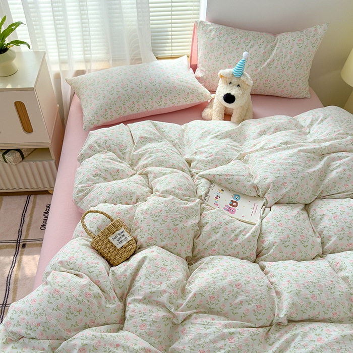 91家纺网 家纺一手货源 找家纺 竹合家纺 2025新品云感皱皱四件套跑量款小清新四件套 粉红佳人