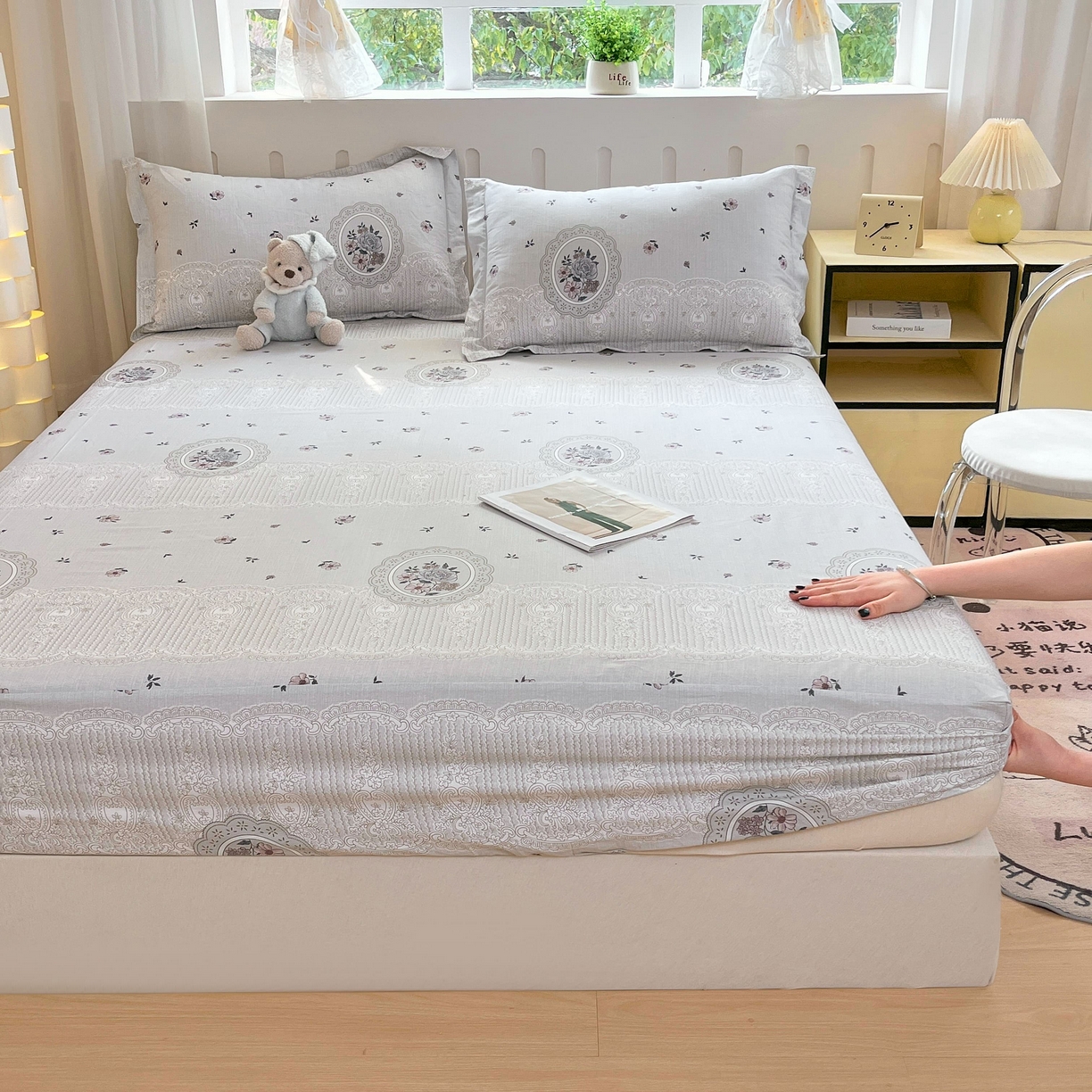 91家纺网 家纺一手货源 找家纺 大吉 2025新款全棉印花床笠 法式庄园