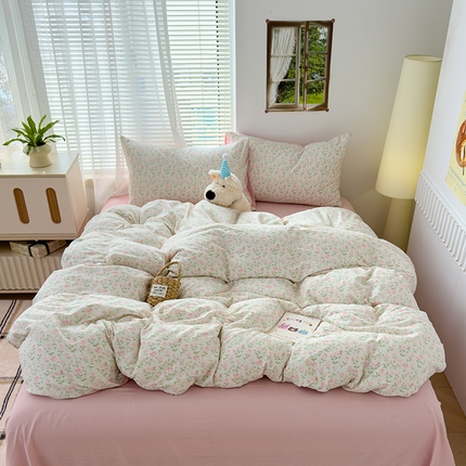 竹合家纺 2025新品云感皱皱四件套跑量款小清新四件套 粉红佳人