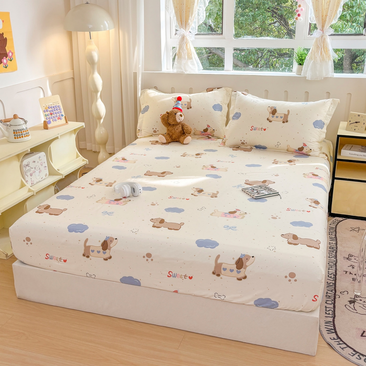 91家纺网 家纺一手货源 找家纺 大吉 2025新款全棉印花床笠 萌宠日记