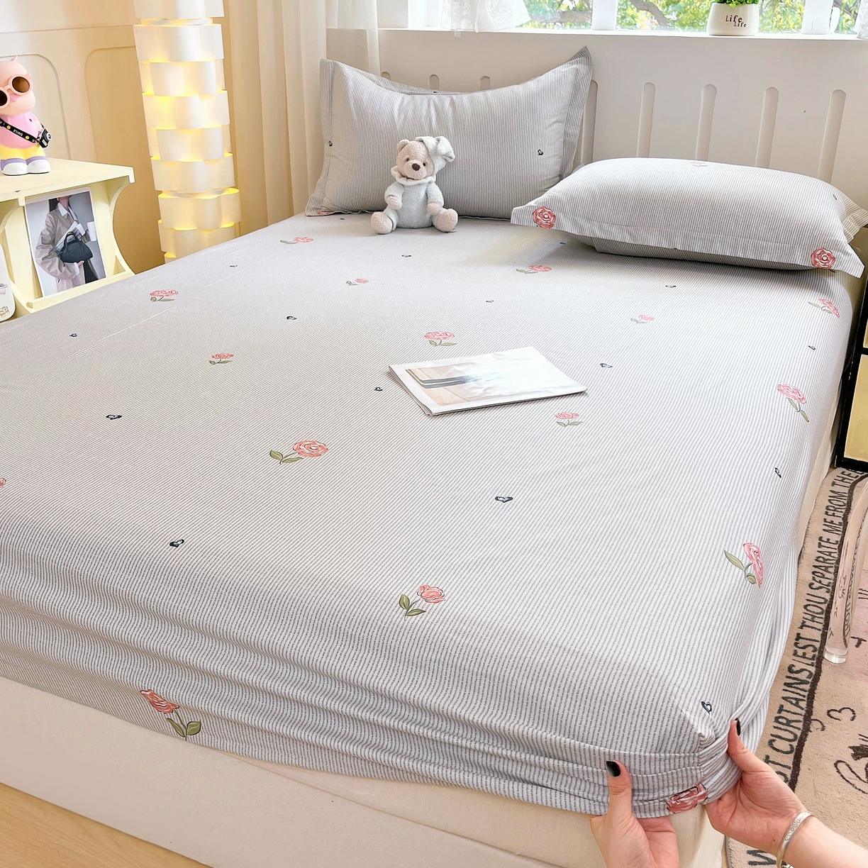 91家纺网 家纺一手货源 找家纺 大吉 2025新款全棉印花床笠 法南玫瑰