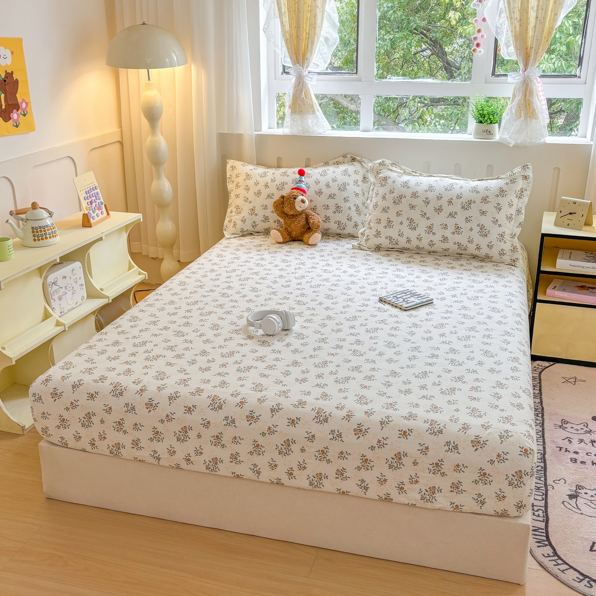 91家纺网 家纺一手货源 找家纺 大吉 2025新款全棉印花床笠 初夏