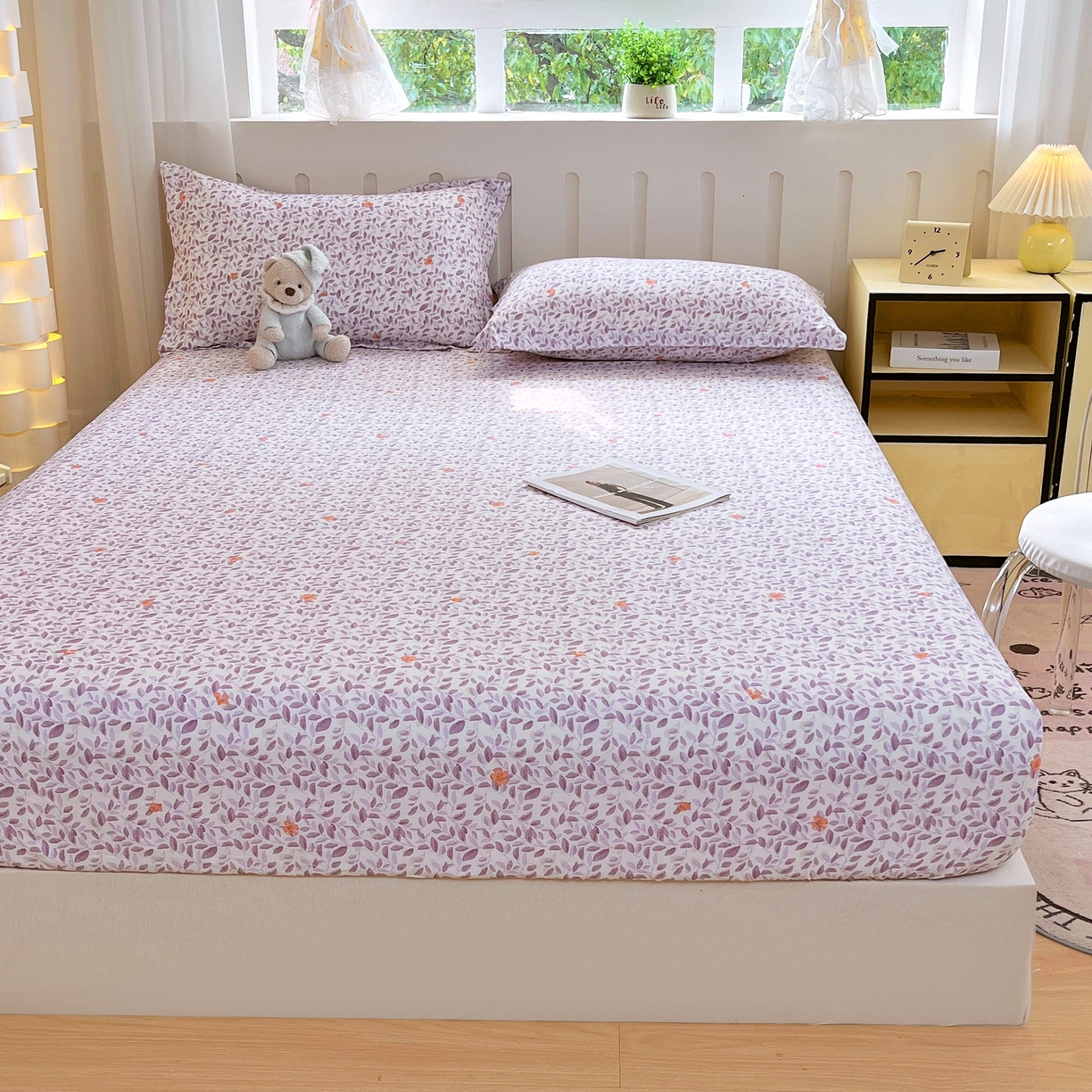 91家纺网 家纺一手货源 找家纺 大吉 2025新款全棉印花床笠 紫薰