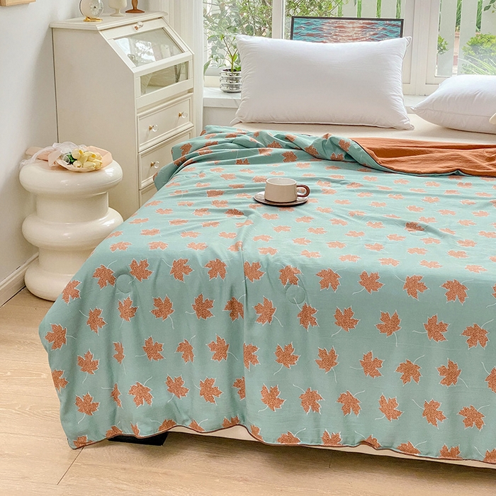 91家纺网 家纺一手货源 找家纺 畅畅家纺 2025新款A类水洗棉麻双层纱夏被四件套 枫叶