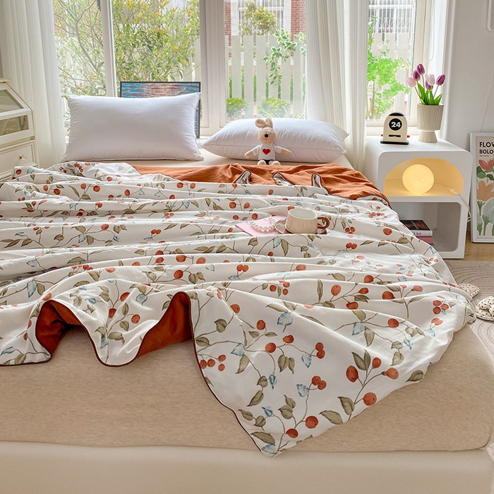 91家纺网 家纺一手货源 找家纺 畅畅家纺 2025新款A类水洗棉麻双层纱夏被四件套 红豆