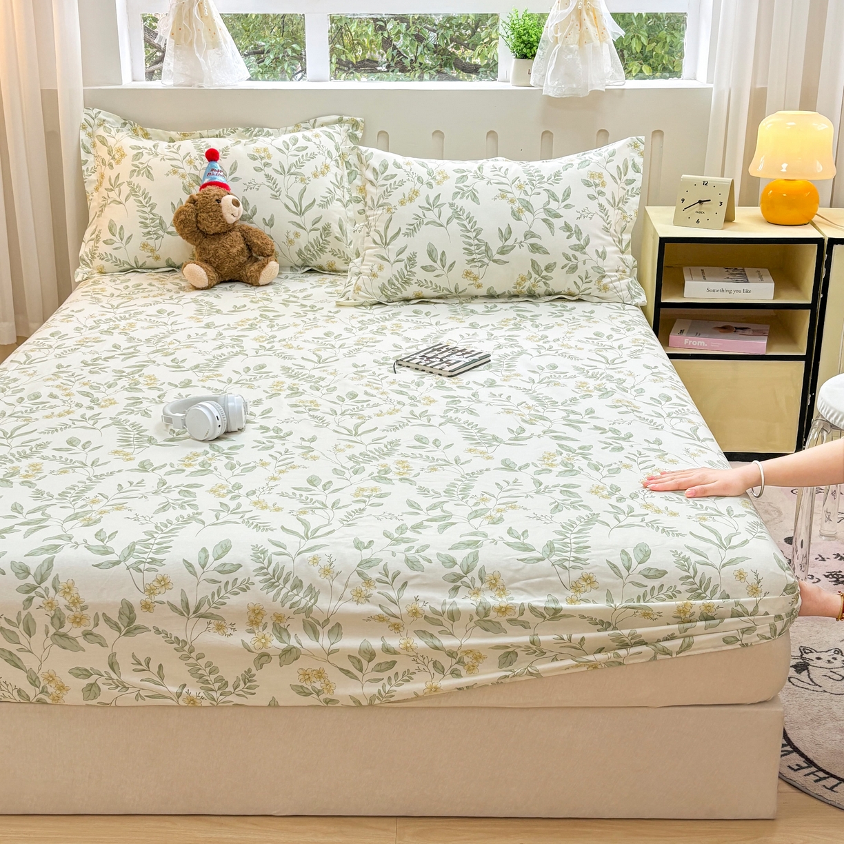 91家纺网 家纺一手货源 找家纺 大吉 2025新款全棉印花床笠 花间