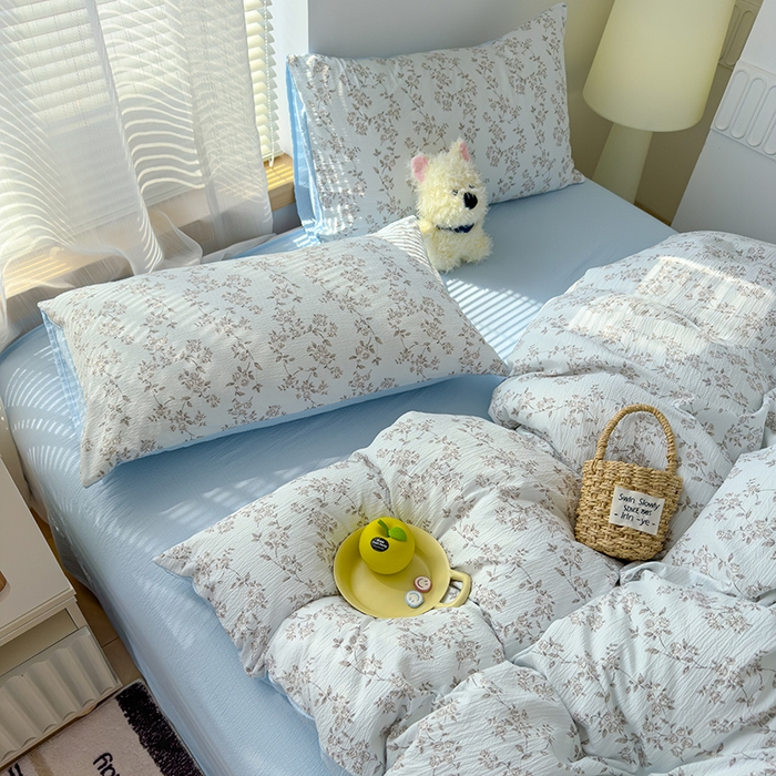 91家纺网 家纺一手货源 找家纺 竹合家纺 2025新品云感皱皱四件套跑量款小清新四件套 蓝颜