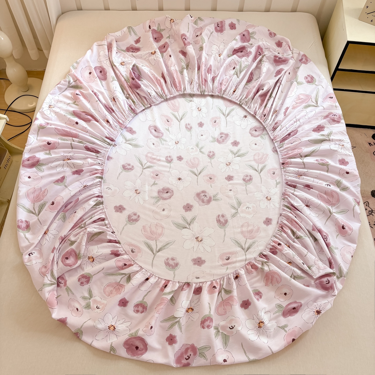 91家纺网 家纺一手货源 找家纺 大吉 2025新款全棉印花床笠 幸福时光