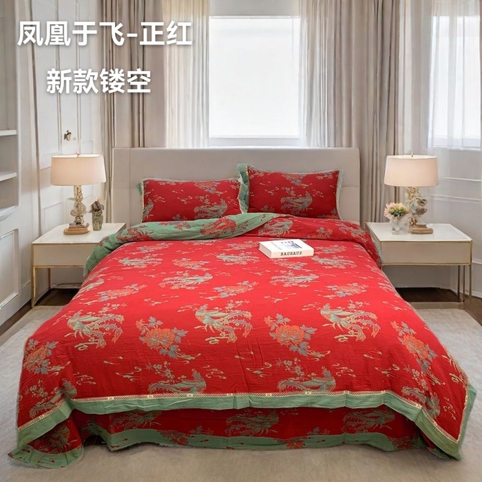 91家纺网 家纺一手货源 找家纺 鲁爱 2025新款全棉色织双层纱新款镂空四件套 凤凰于飞-正红