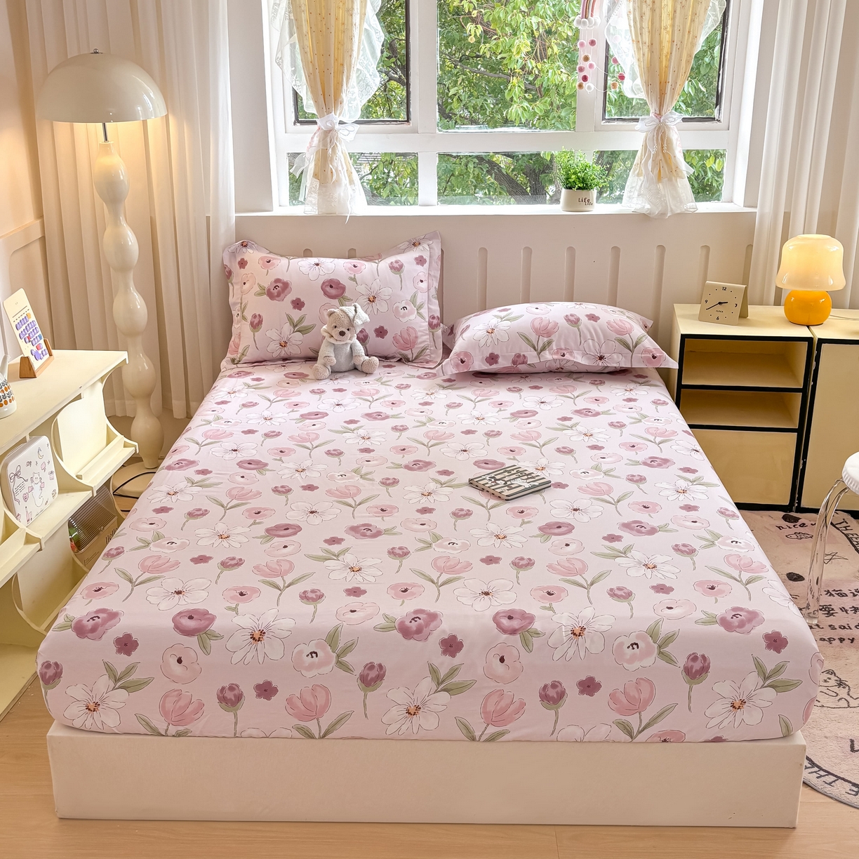 91家纺网 家纺一手货源 找家纺 大吉 2025新款全棉印花床笠 幸福时光