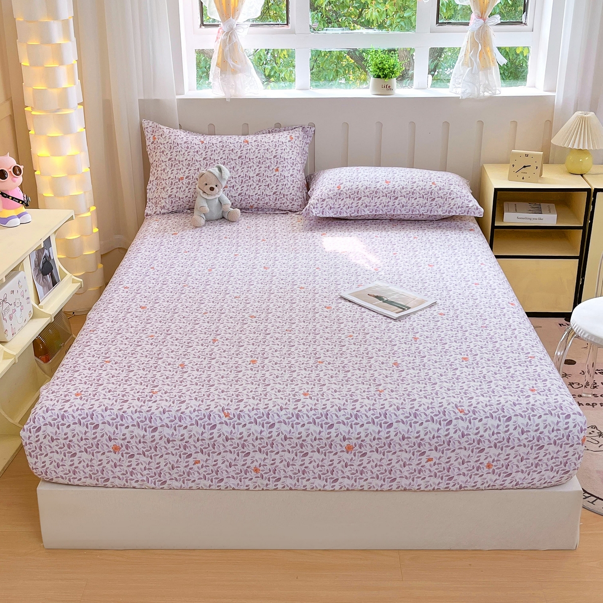 91家纺网 家纺一手货源 找家纺 大吉 2025新款全棉印花床笠 紫薰