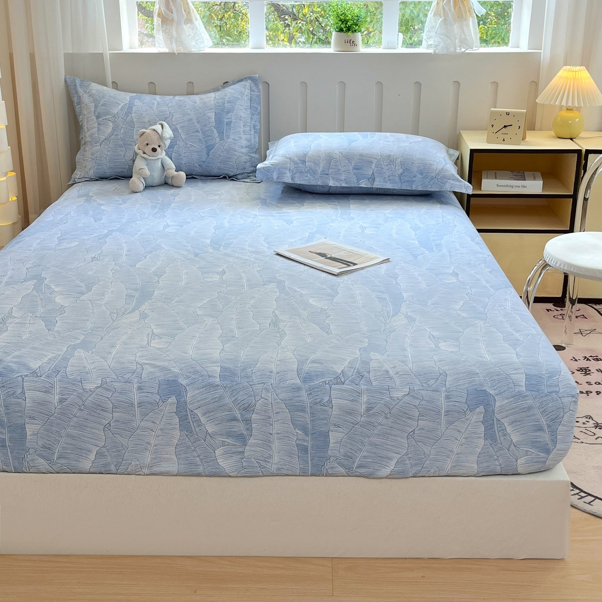 91家纺网 家纺一手货源 找家纺 大吉 2025新款全棉印花床笠 雨落芭蕉