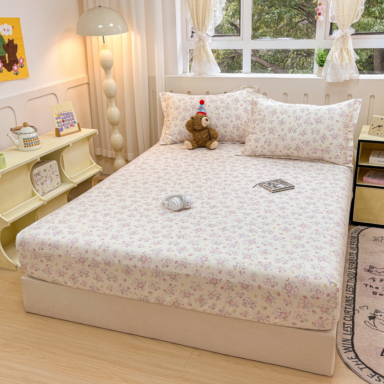 91家纺网 家纺一手货源 找家纺 大吉 2025新款全棉印花床笠 梦幻花园