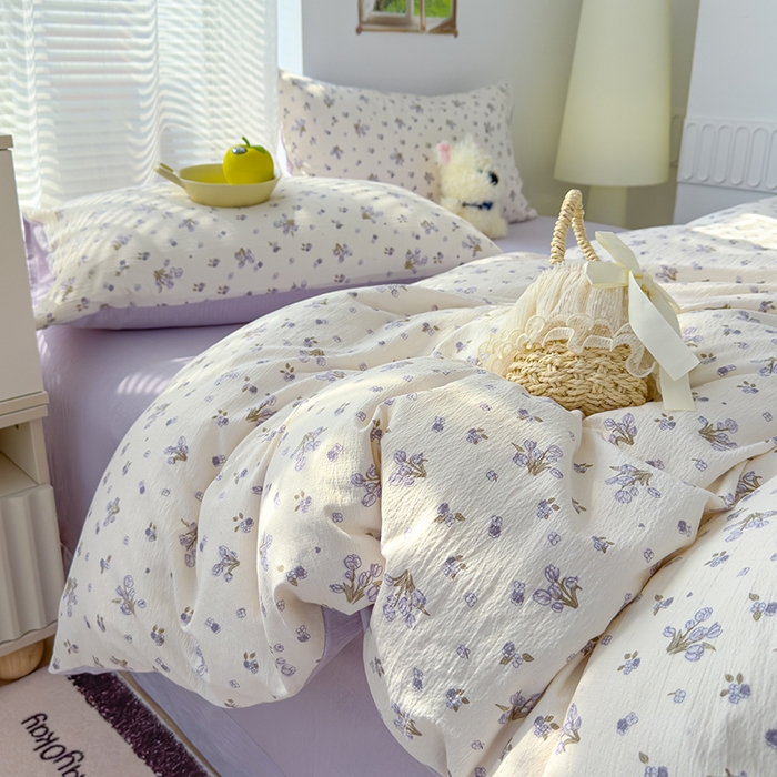 91家纺网 家纺一手货源 找家纺 竹合家纺 2025新品云感皱皱四件套跑量款小清新四件套 郁金香-紫