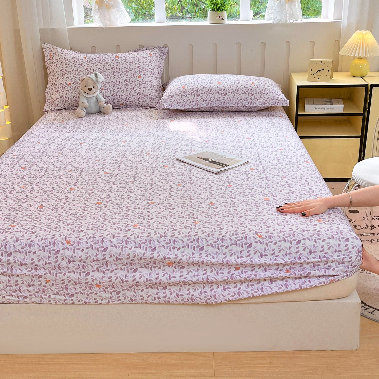 91家纺网 家纺一手货源 找家纺 大吉 2025新款全棉印花床笠 紫薰