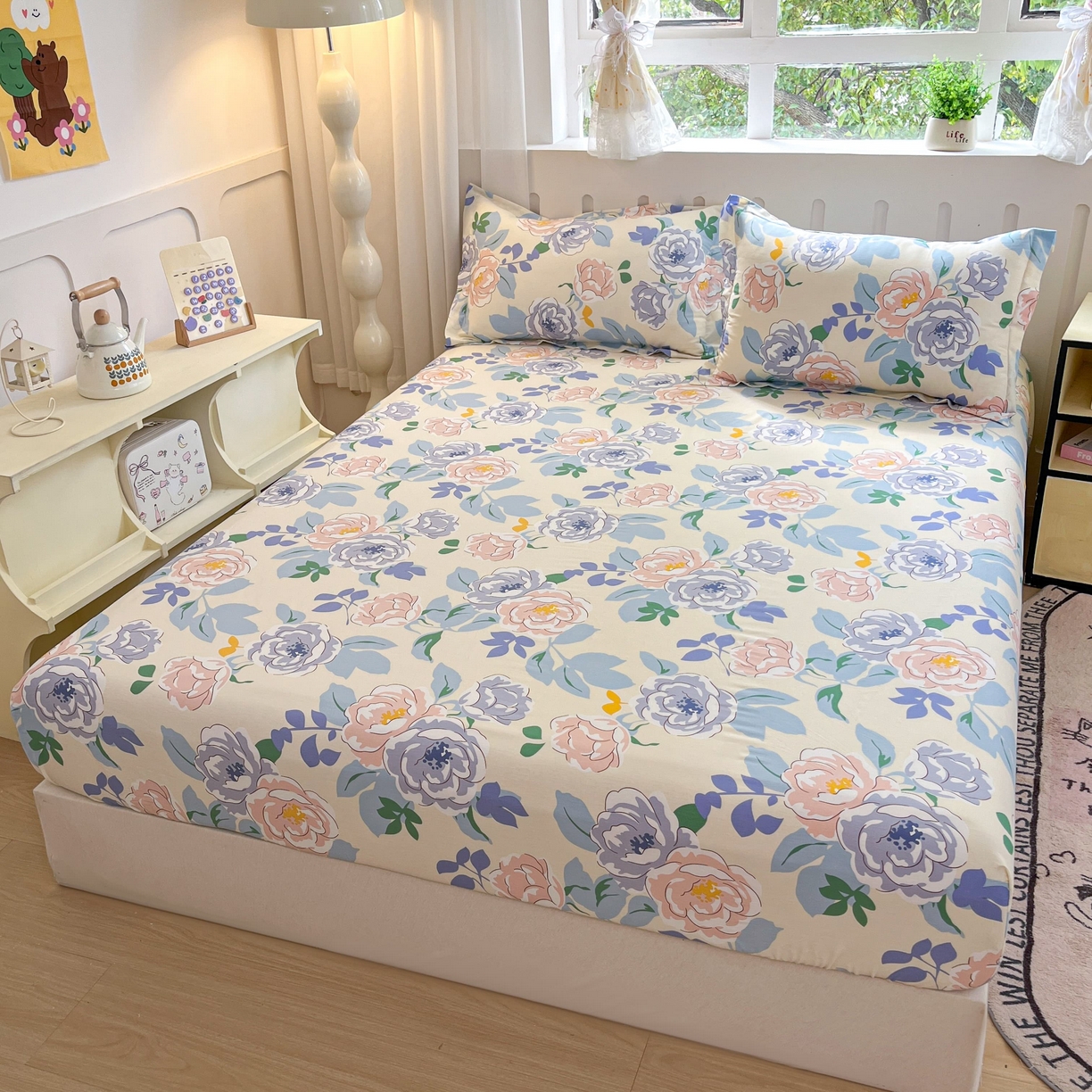 91家纺网 家纺一手货源 找家纺 大吉 2025新款全棉印花床笠 山茶花开