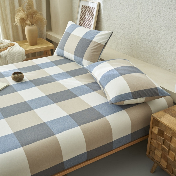 91家纺网 家纺一手货源 找家纺 早晨家纺 2025新款色织纯棉水洗棉床笠 蓝大格