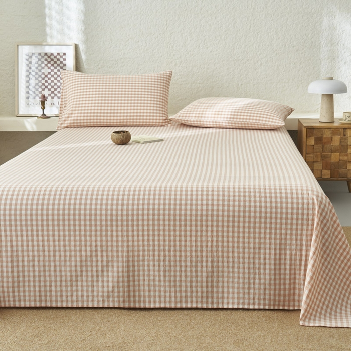 91家纺网 家纺一手货源 找家纺 早晨家纺 2025新款色织纯棉水洗棉床单 粉小格