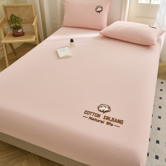 91家纺网 家纺一手货源 找家纺 早晨家纺 2025新款色织纯棉水洗棉毛巾绣床笠 星曜床笠-浅粉