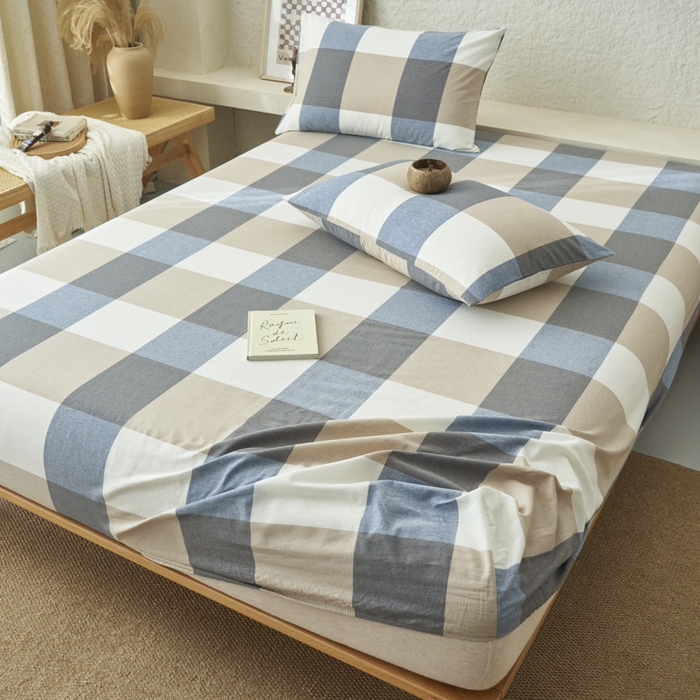 91家纺网 家纺一手货源 找家纺 早晨家纺 2025新款色织纯棉水洗棉床笠 蓝大格