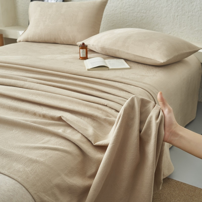 91家纺网 家纺一手货源 找家纺 早晨家纺 2025新款肌理纹纯棉提花床单 肌理纹床单-浅驼