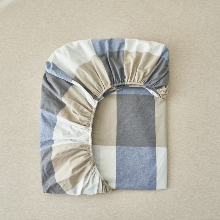 91家纺网 家纺一手货源 找家纺 早晨家纺 2025新款色织纯棉水洗棉床笠 蓝大格