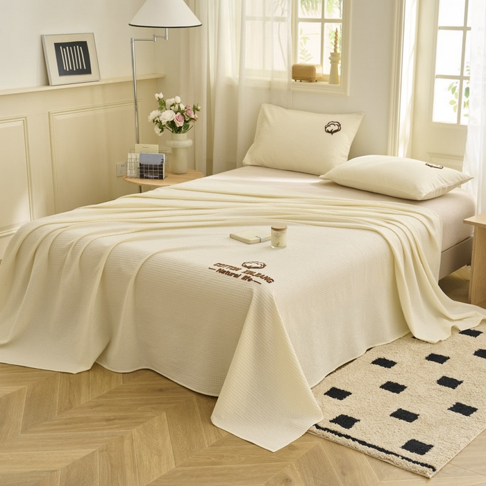 91家纺网 家纺一手货源 找家纺 早晨家纺 2025新款纯棉华夫格床单 纯棉华夫格床单-奶昔白