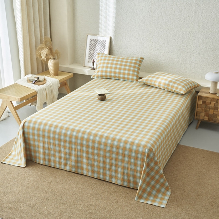 91家纺网 家纺一手货源 找家纺 早晨家纺 2025新款色织纯棉水洗棉床单 沐夏-桔