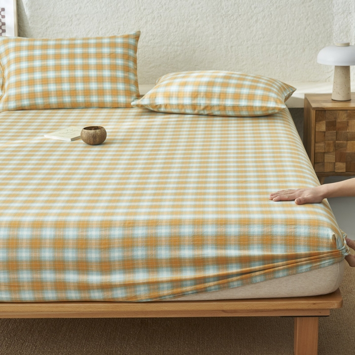 91家纺网 家纺一手货源 找家纺 早晨家纺 2025新款色织纯棉水洗棉床笠 沐夏-桔