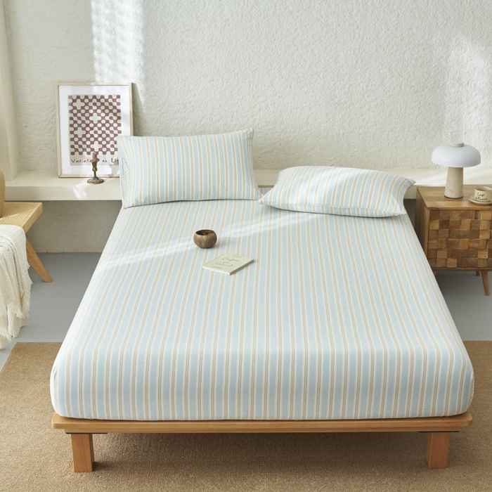 91家纺网 家纺一手货源 找家纺 早晨家纺 2025新款色织纯棉水洗棉床笠 科瑞-蓝