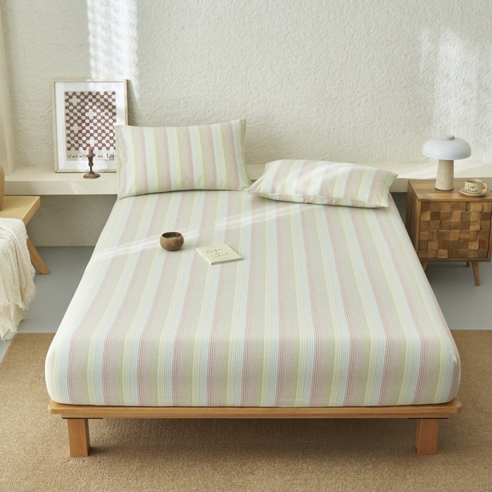 91家纺网 家纺一手货源 找家纺 早晨家纺 2025新款色织纯棉水洗棉床笠 克鲁奇-绿