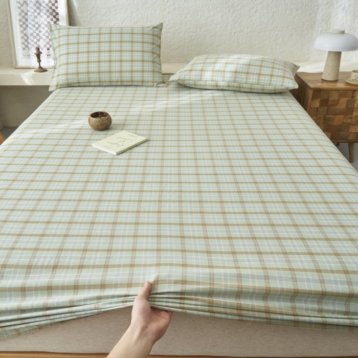 91家纺网 家纺一手货源 找家纺 早晨家纺 2025新款色织纯棉水洗棉床笠 梦雨-绿