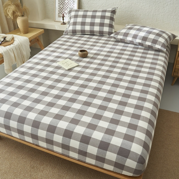 91家纺网 家纺一手货源 找家纺 早晨家纺 2025新款色织纯棉水洗棉床笠 灰中格