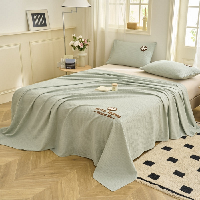 91家纺网 家纺一手货源 找家纺 早晨家纺 2025新款纯棉华夫格床单 纯棉华夫格床单-浅蓝