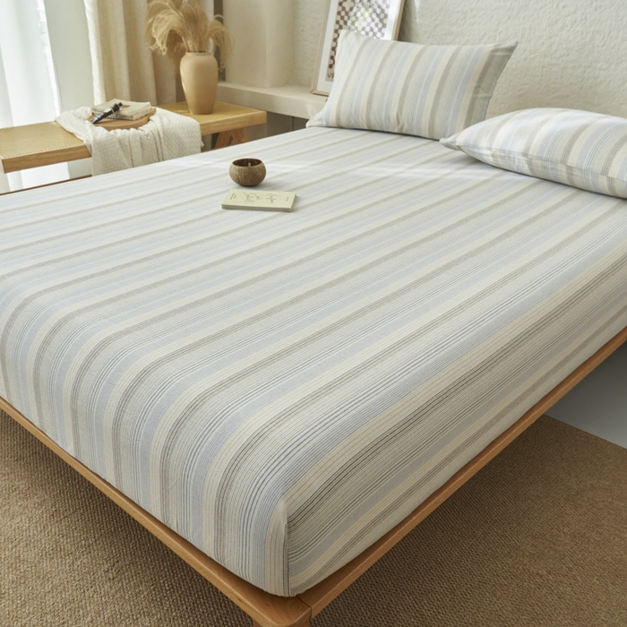 91家纺网 家纺一手货源 找家纺 早晨家纺 2025新款色织纯棉水洗棉床笠 凯西亚-蓝