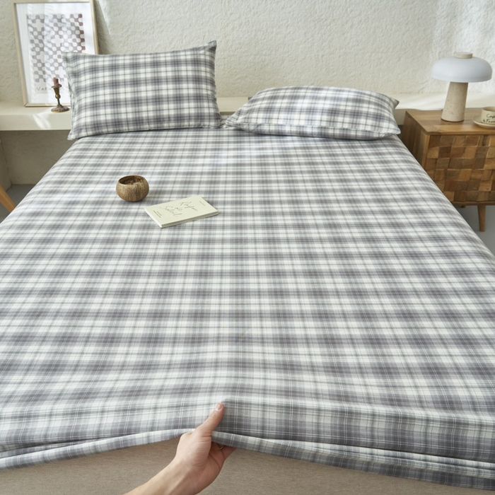 91家纺网 家纺一手货源 找家纺 早晨家纺 2025新款色织纯棉水洗棉床笠 轩尼诗-灰