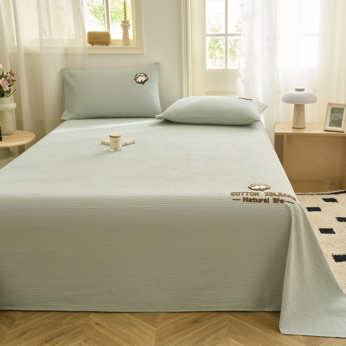 91家纺网 家纺一手货源 找家纺 早晨家纺 2025新款纯棉华夫格床单 纯棉华夫格床单-浅蓝