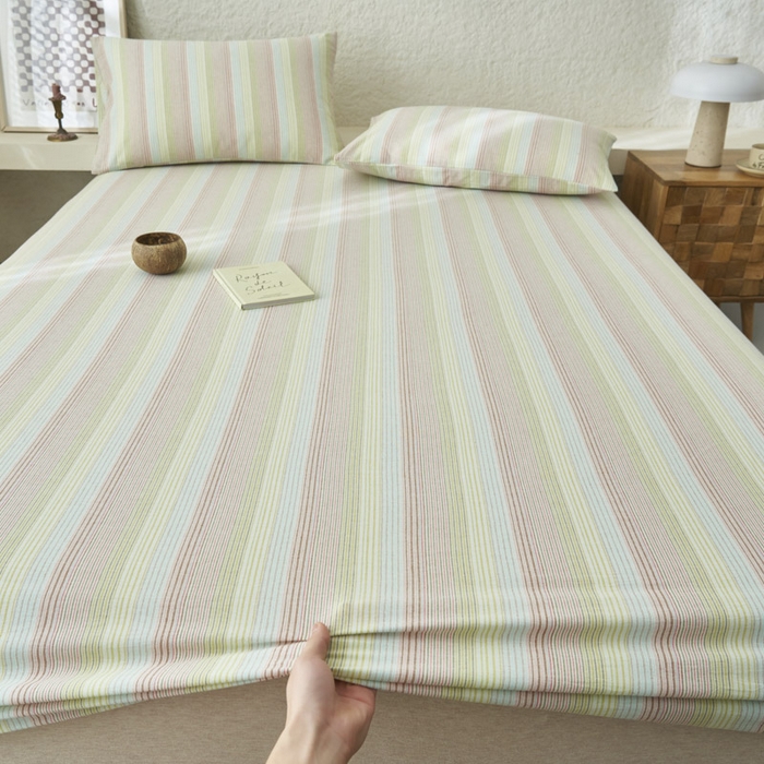 91家纺网 家纺一手货源 找家纺 早晨家纺 2025新款色织纯棉水洗棉床笠 克鲁奇-绿