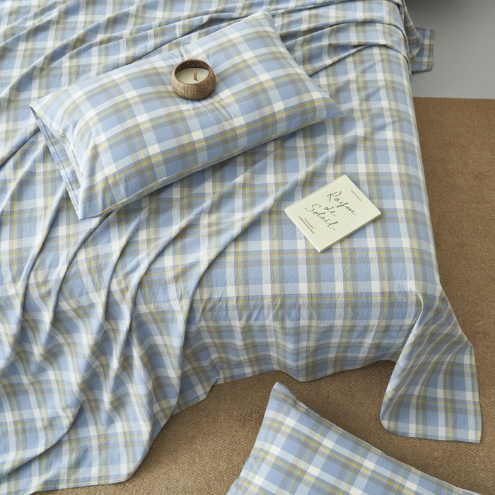 91家纺网 家纺一手货源 找家纺 早晨家纺 2025新款色织纯棉水洗棉床单 简兮-蓝