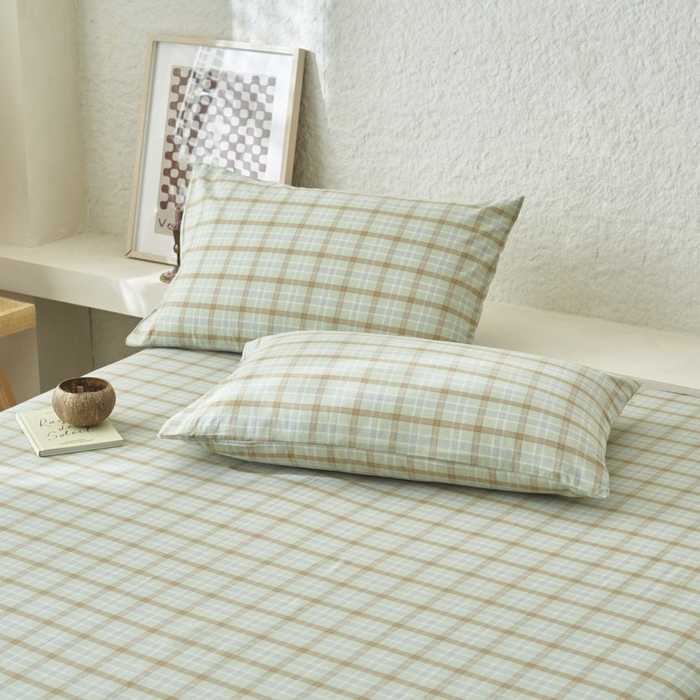 91家纺网 家纺一手货源 找家纺 早晨家纺 2025新款色织纯棉水洗棉床单 梦雨-绿