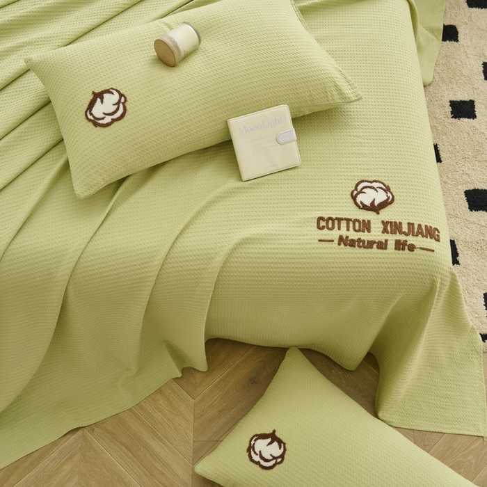 91家纺网 家纺一手货源 找家纺 早晨家纺 2025新款纯棉华夫格床单 纯棉华夫格床单-黄绿