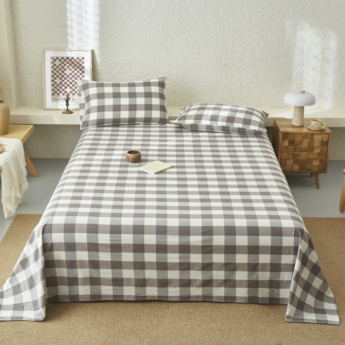 91家纺网 家纺一手货源 找家纺 早晨家纺 2025新款色织纯棉水洗棉床单 灰中格