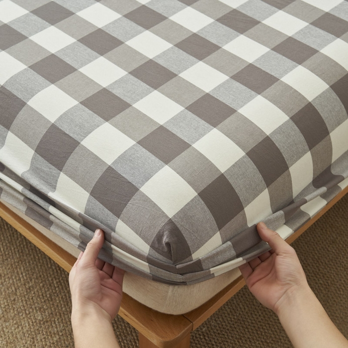 91家纺网 家纺一手货源 找家纺 早晨家纺 2025新款色织纯棉水洗棉床笠 灰中格