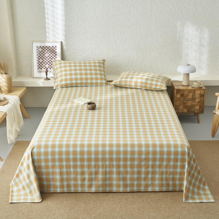 91家纺网 家纺一手货源 找家纺 早晨家纺 2025新款色织纯棉水洗棉床单 沐夏-桔