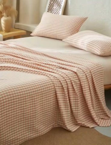 91家纺网 家纺一手货源 找家纺 早晨家纺 2025新款色织纯棉水洗棉床单 粉小格