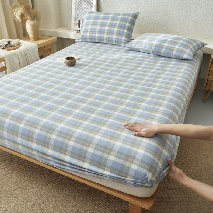 91家纺网 家纺一手货源 找家纺 早晨家纺 2025新款色织纯棉水洗棉床笠 简兮-蓝